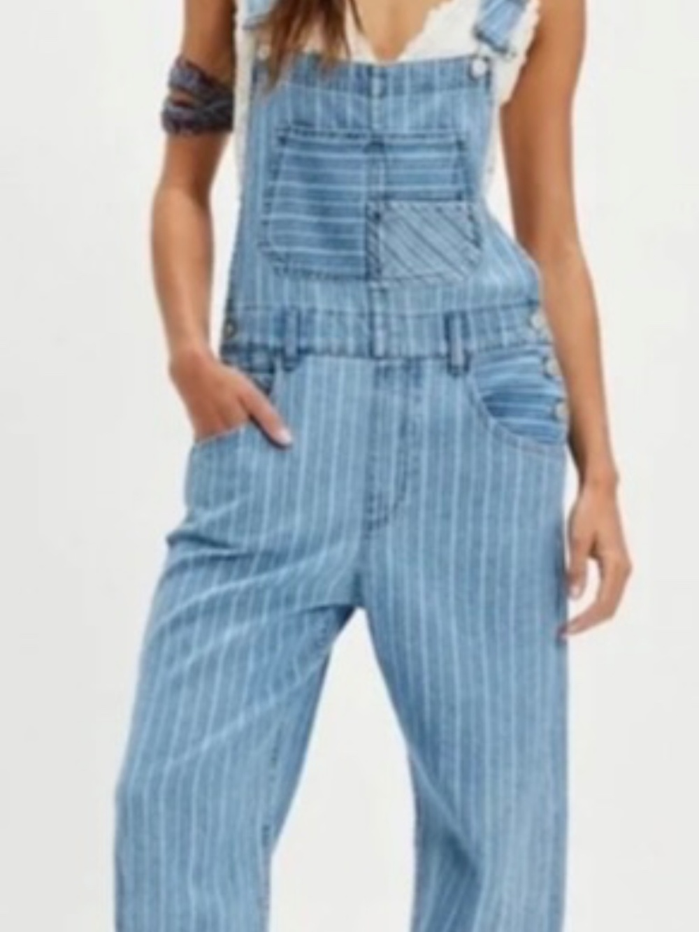 We The Free Ziggy Striped Denim Overalls XS Beachcomber Railroad Stripe